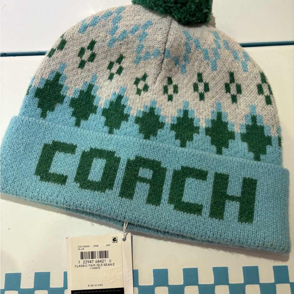 NWT Coach Light Blue and Green Patterned Beanie